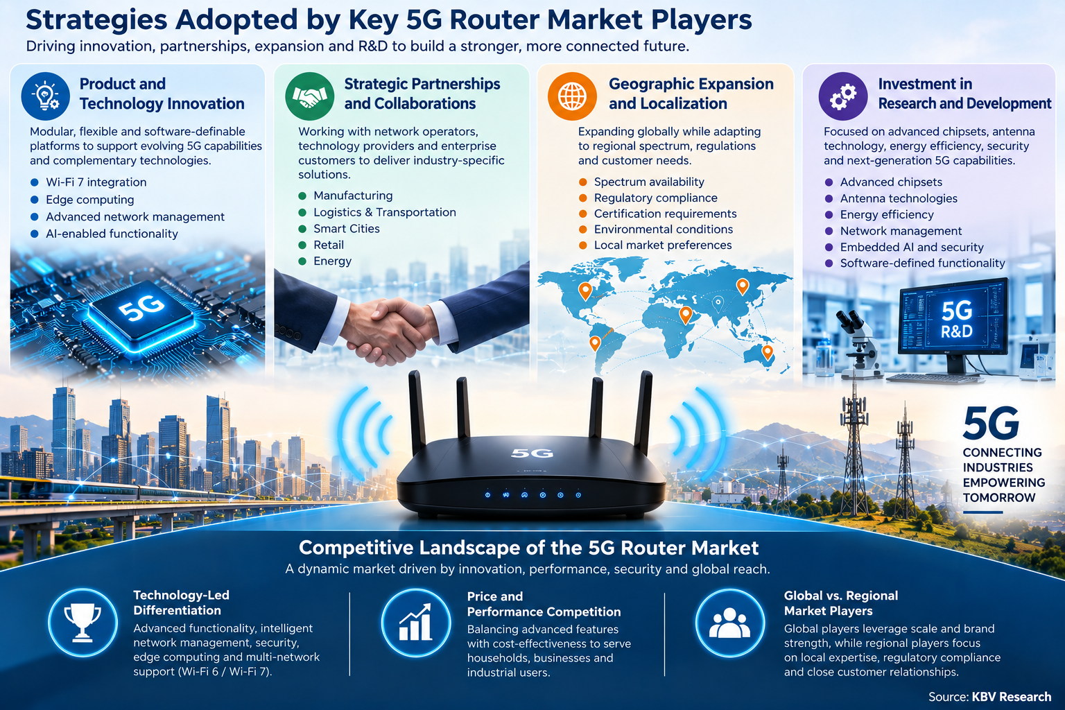 5G router market strategies highlighting technology innovation, strategic partnerships, geographic expansion, R&D investment, and competitive landscape.